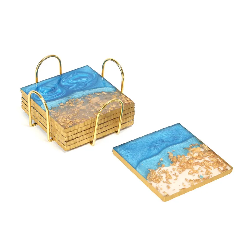Coaster set with stand and one separate coaster on a white background