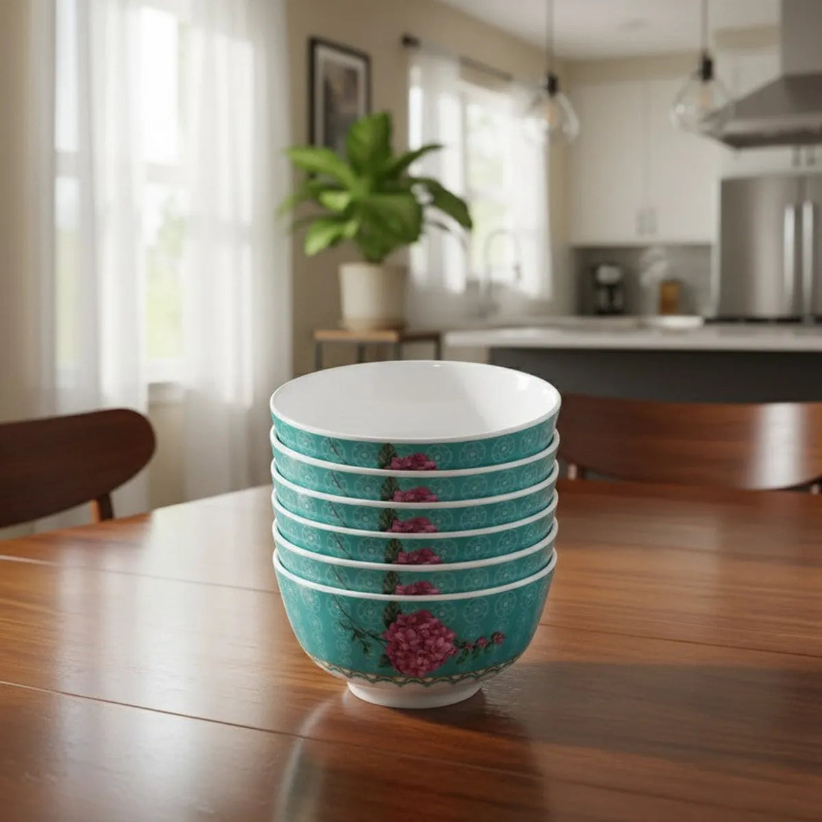 Six teal floral bowls stacked on a wooden dining table in a bright room.