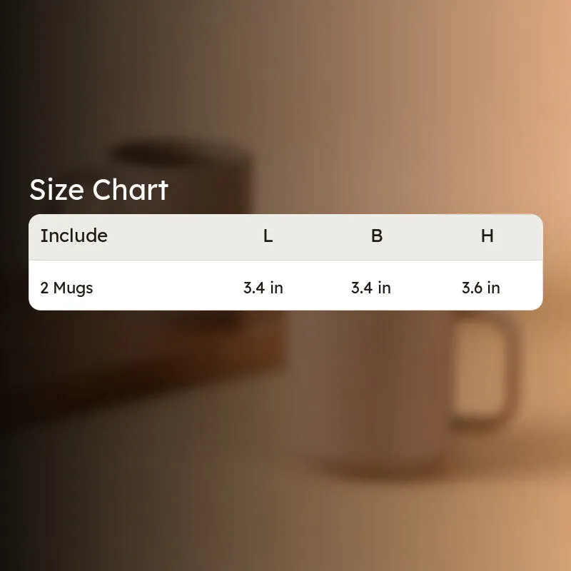 Brown mug with a size chart graphic in the background