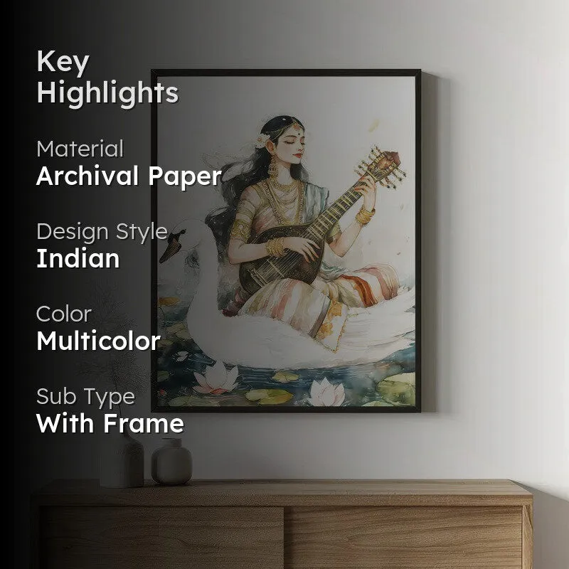 Hamsavahini Saraswati Spiritual Archival Paper Wall Painting With Frame - Black media 2