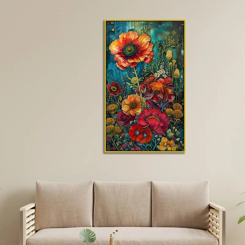 Vibrant Poppy Trance Floral Canvas Wall Painting With Frame - Gold media 5