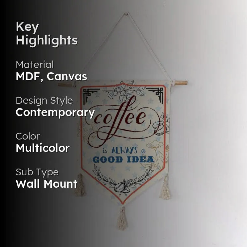 Coffee-themed wall hanging with key highlights text overlay