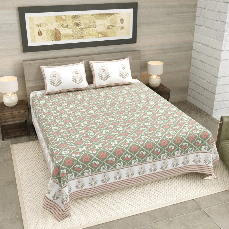 Rang Aura Cotton Bedsheet (Green,Pink) - 120 TC media 1