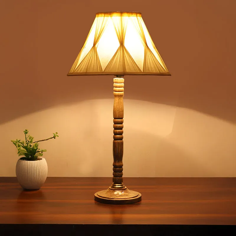 Loft Style Table Lamp With Carved Wooden Base - Ivory,Brown media 2