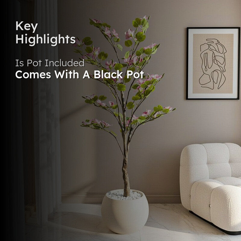 Bauhinia Artificial  Plant With Black Plastic Pot (Pink,Green) - 160 cm (5.2 ft) media 2