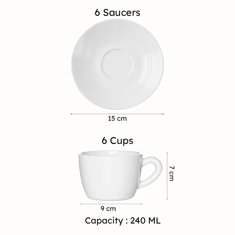 White measurement graphic showing six cups, six saucers and 240 mL capacity