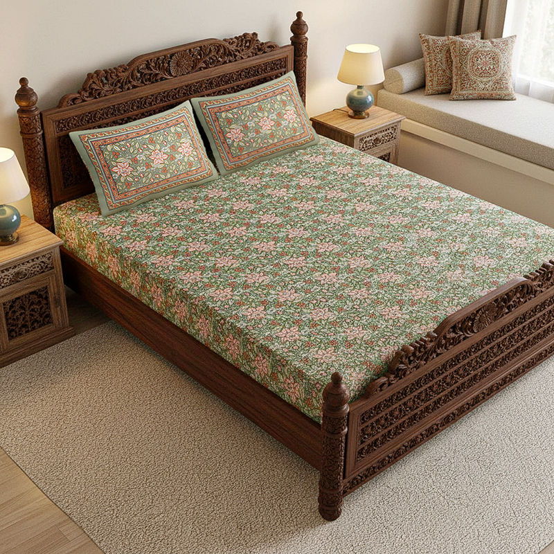 Dhriti Cotton Bedsheet (Soft Green, Pink) - 180 TC