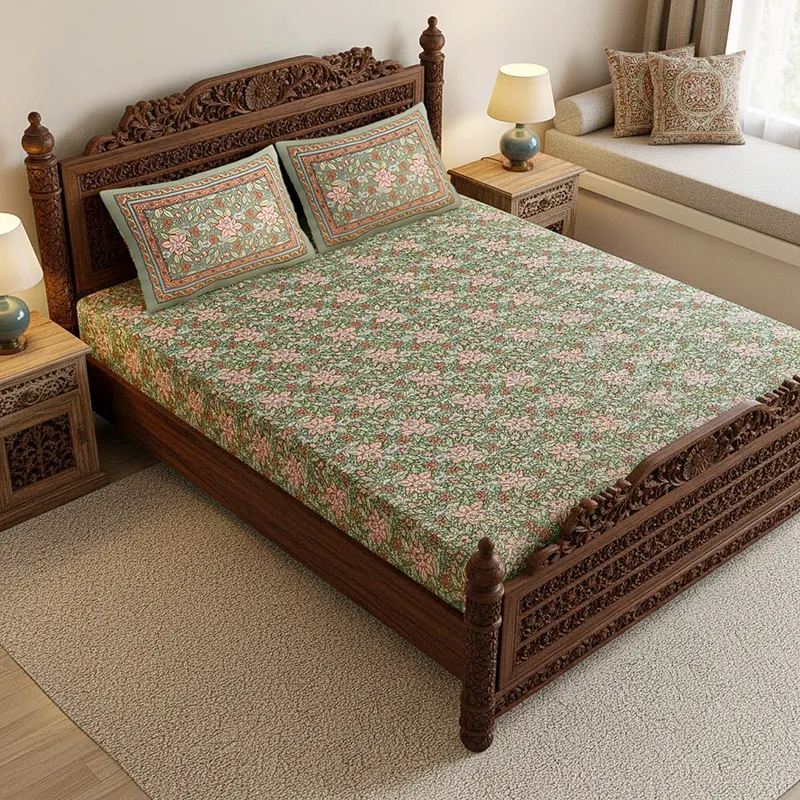 Dhriti Cotton Bedsheet (Soft Green, Pink) - 180 TC media 1