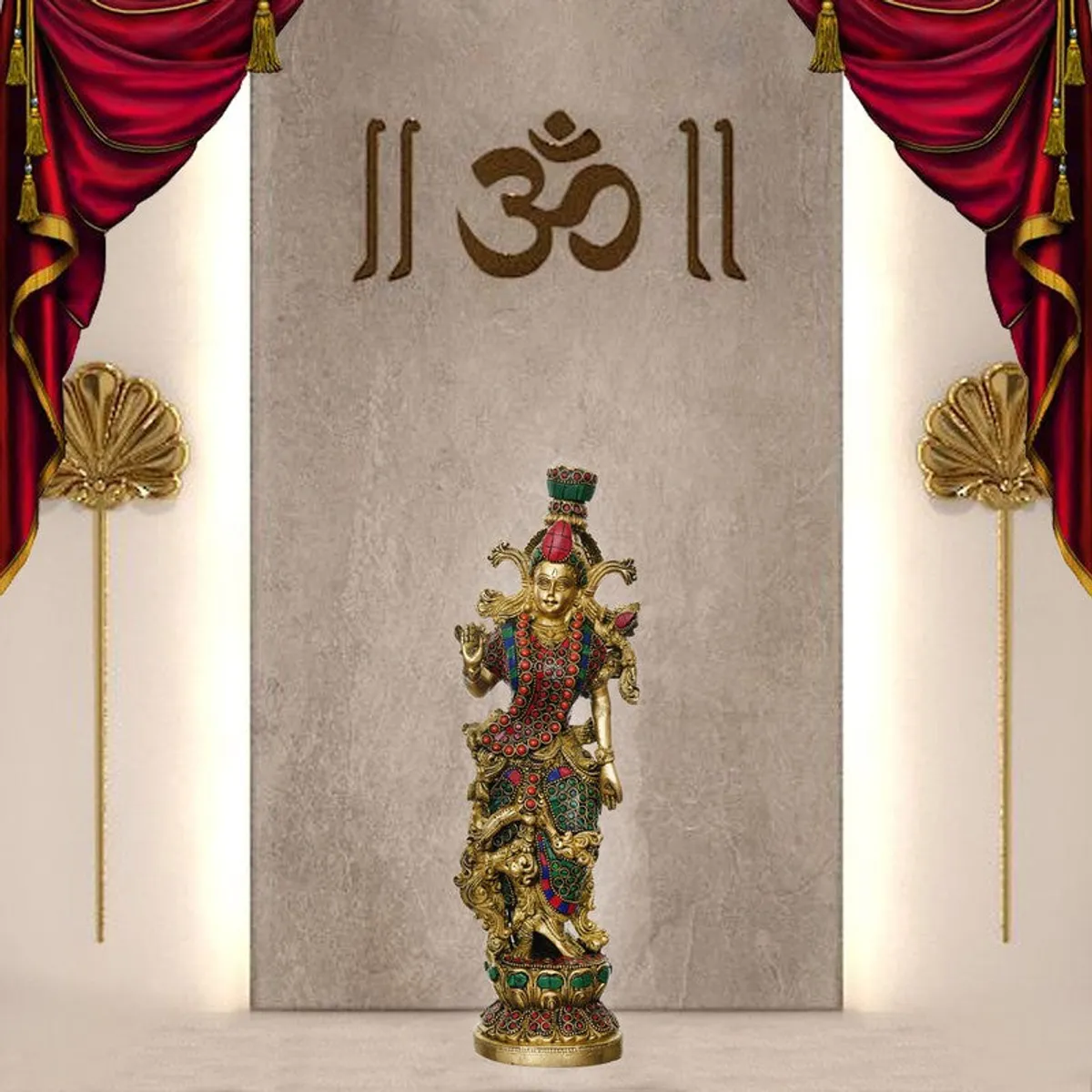 Brass deity idol with colourful detailing displayed against a decorative backdrop