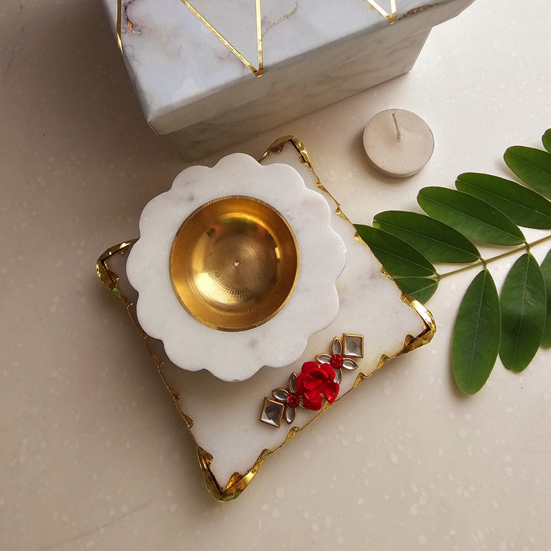 Harshita Handcarved Floral Diya With Brass Bowl media 8
