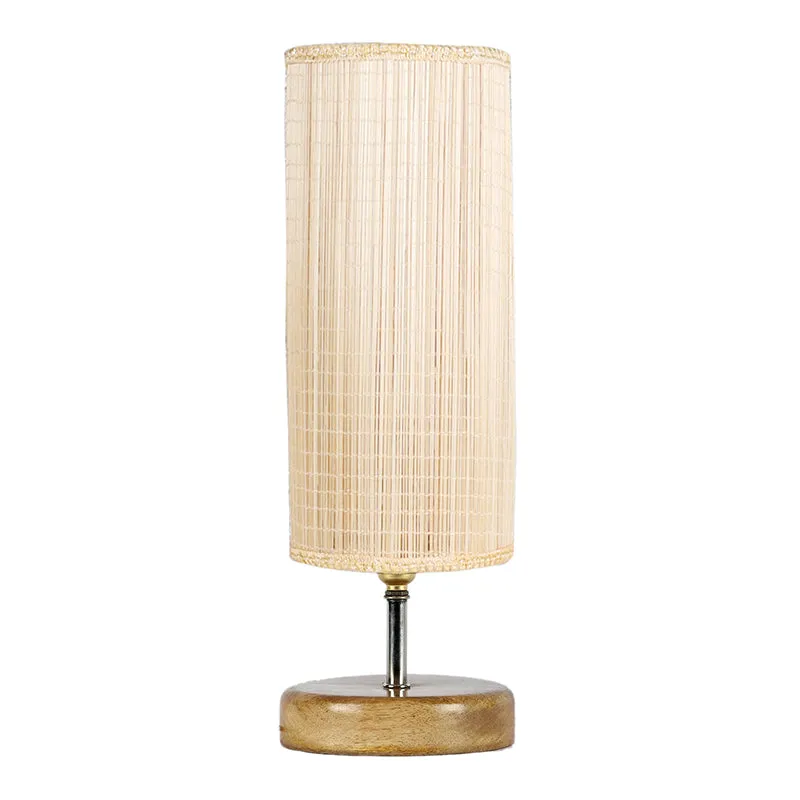 Hisha Wooden Table Lamp With Cylinder Bamboo Shade - Beige,Brown media 4