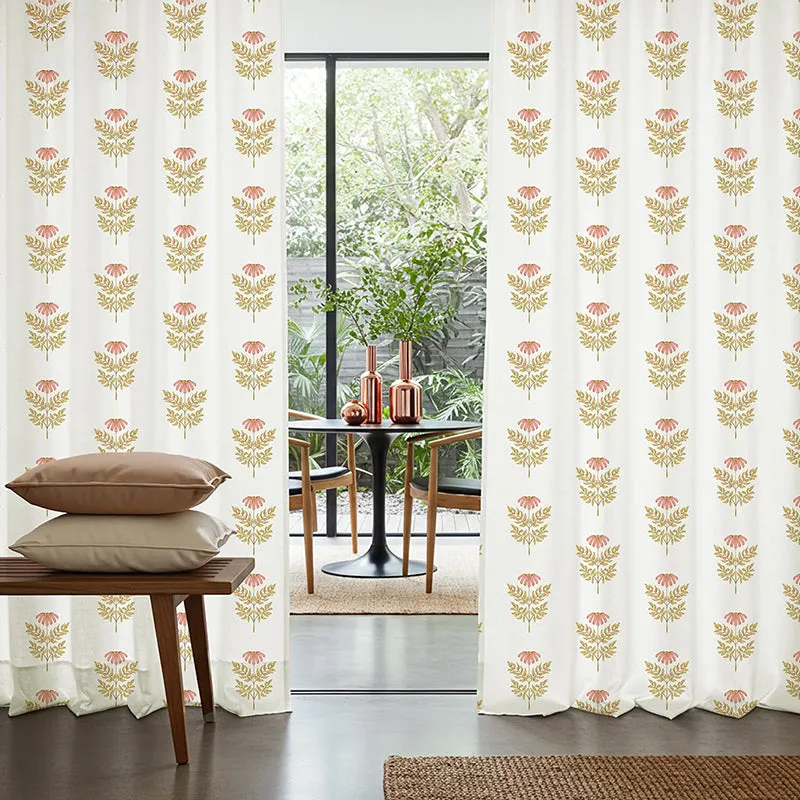 Peach floral curtain set with full hanging view
