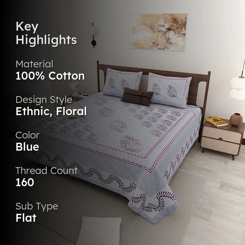 Anshika Ethnic Cotton Bedsheet (Blue) - 160 TC media 2