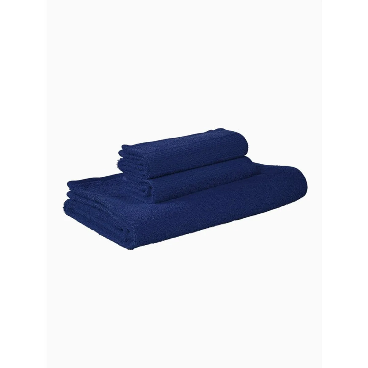 Stacked navy towel set on a plain white background