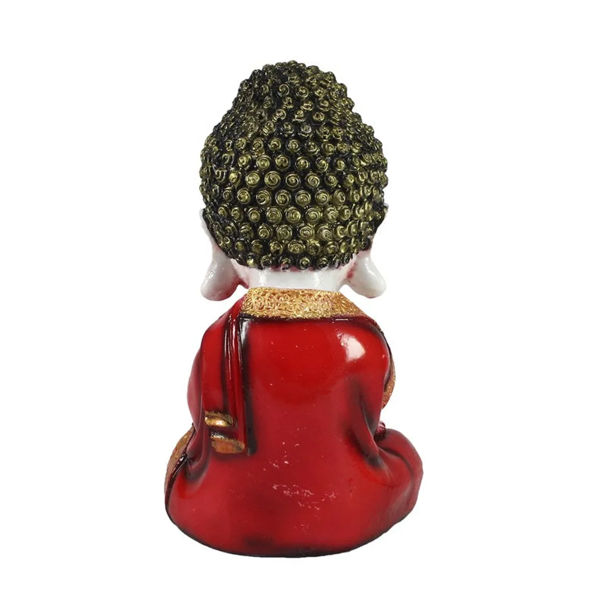 Back view of red Buddha showpiece with textured hair detail