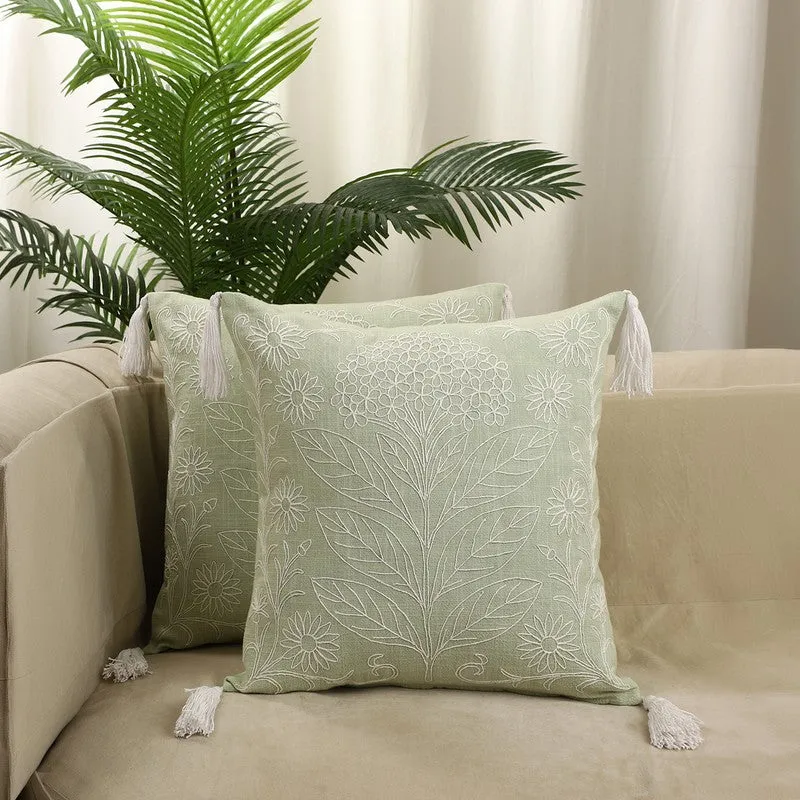 Floral Elegance Cotton Cushion Cover (Green) - Set of Two media 1