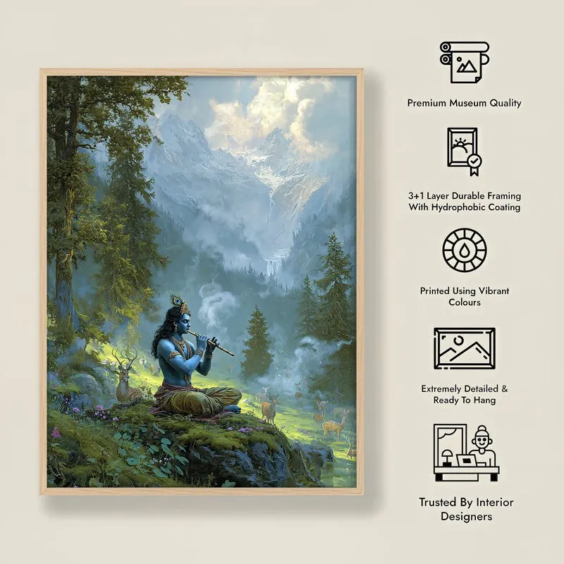 Vrindavan Bihari Lord Krishna Playing Fluit III Archival Paper Wall Art - Natural Brown Frame media 8