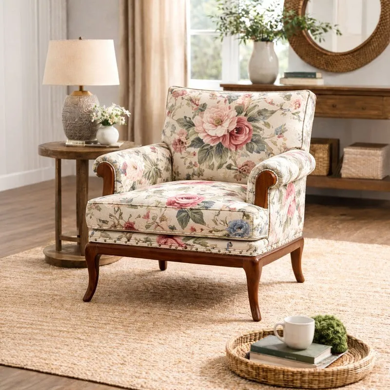 Akira Teak Wood & Velvet Lounge Chair media 1