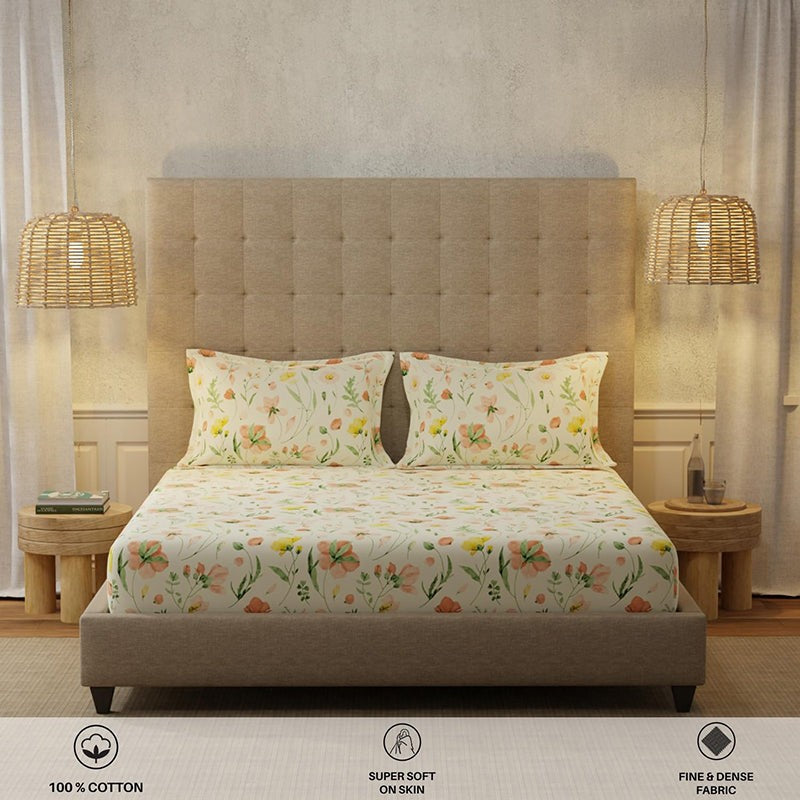 Urban Space Meadows Buttercream Cotton Bedsheet - 200 TC media 6