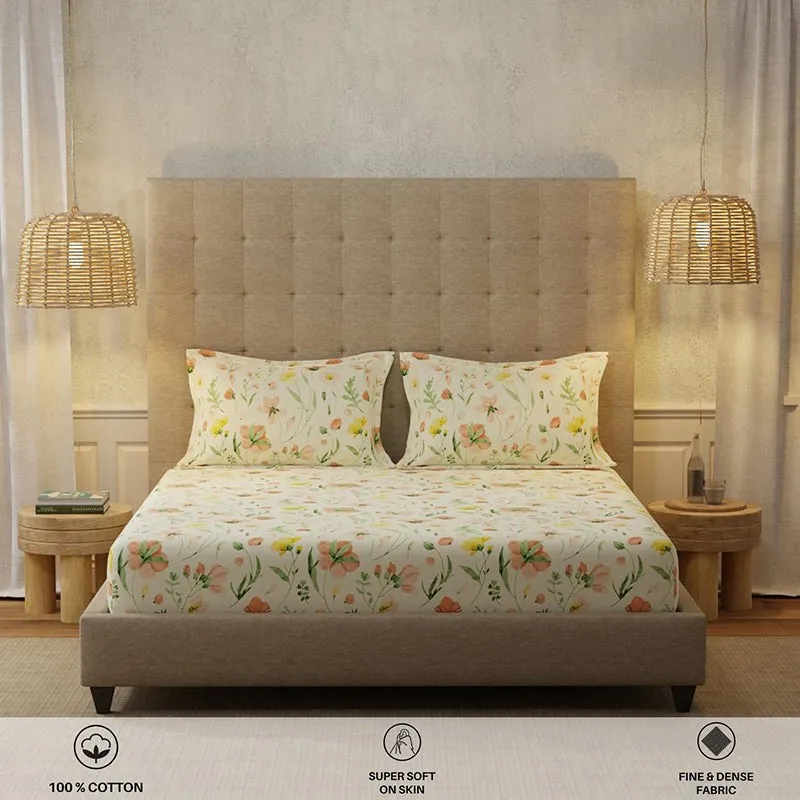 Urban Space Meadows Buttercream Cotton Bedsheet - 200 TC media 6