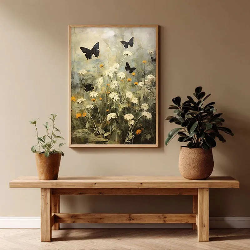 Black & White Butterfly Wall Art - Natural Brown Frame media 1