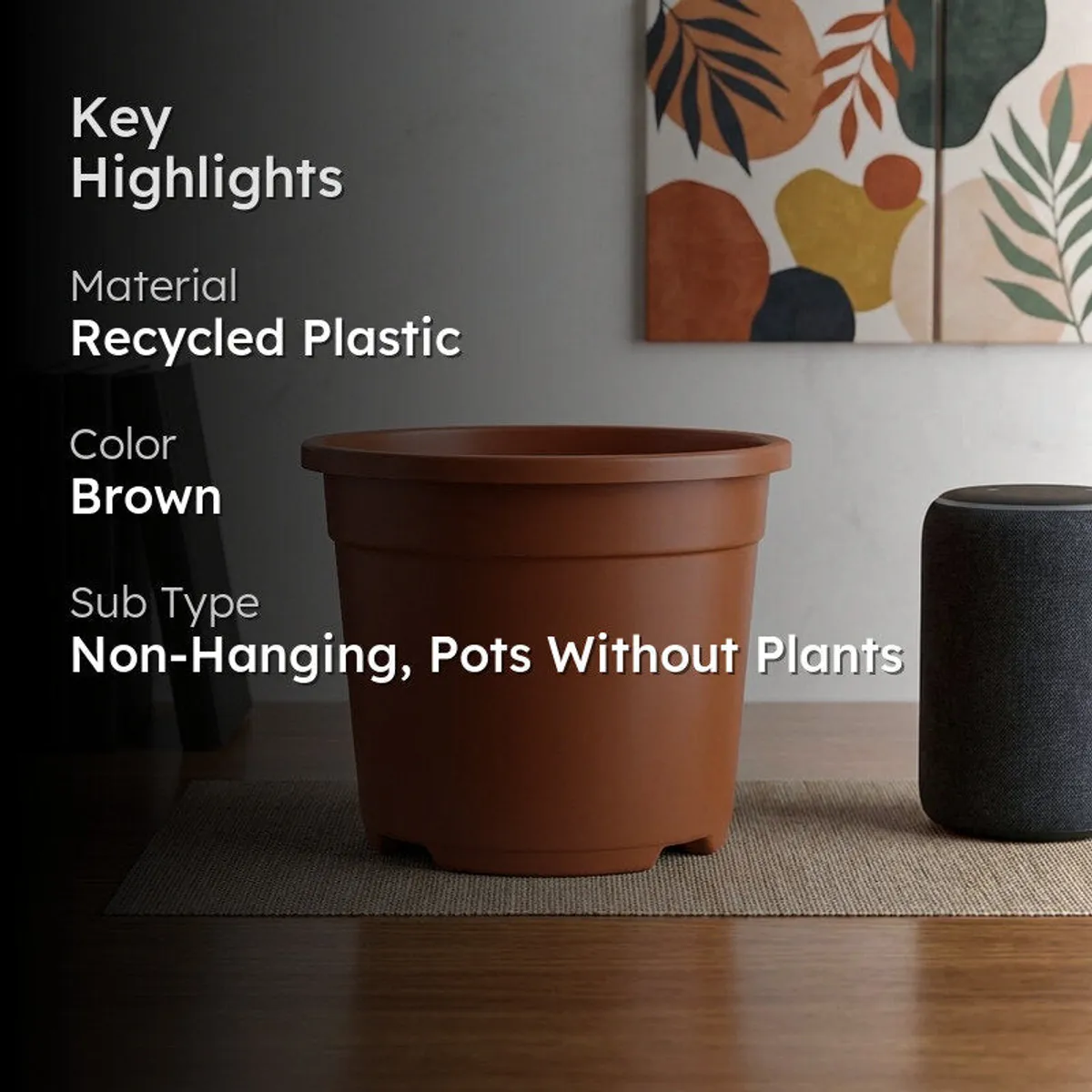 Brown plastic plant pot displayed in a modern room with product highlights