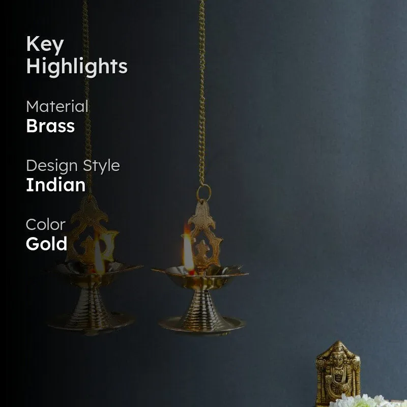 Ornamental Brass Hanging Diya - Gold Finish media 2
