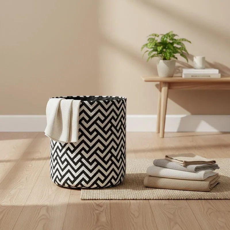 Waveza Zigzag Cotton Laundry Basket - Black & White media 1