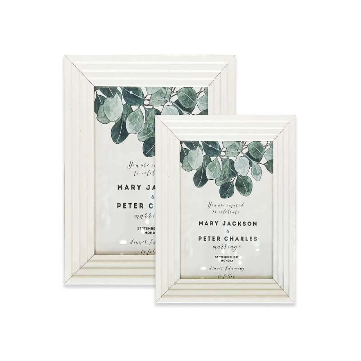 Two white tabletop frames displayed together with botanical artwork inside.