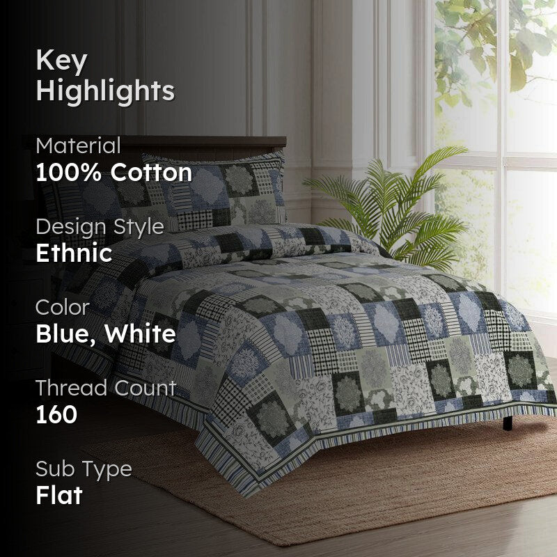 Aankhen Ethnic Cotton Bedsheet (Blue,White) - 160 TC media 2