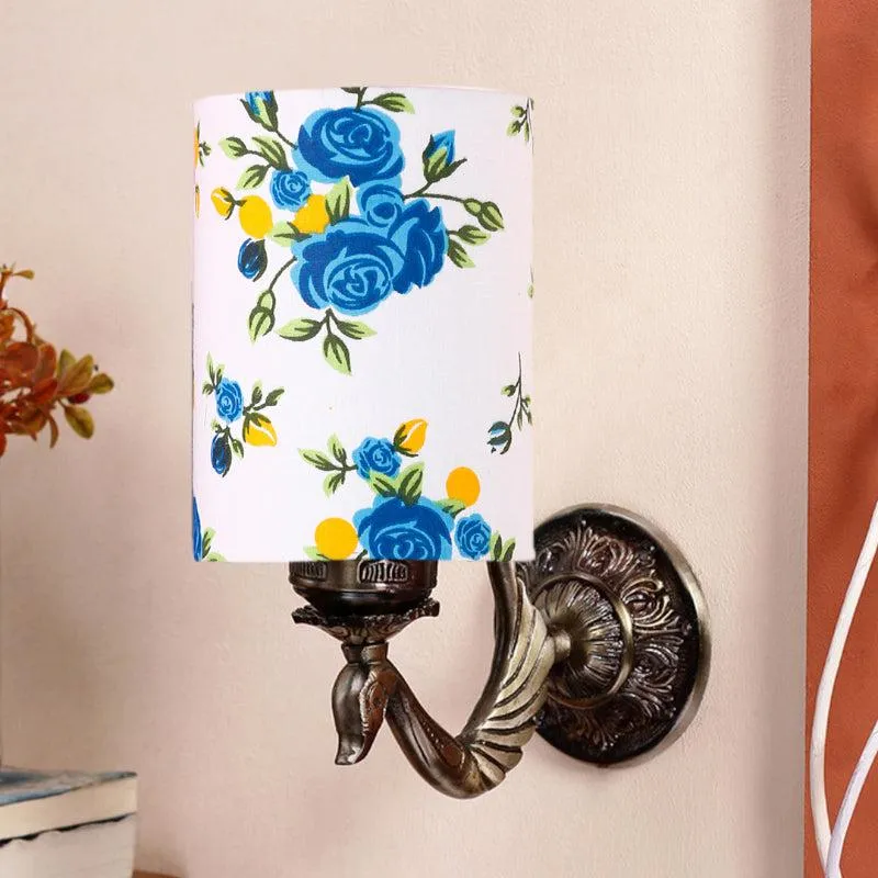Amro Retro Blue Fleur Cylindrical Fabric & Metal Wall Lamp media 3