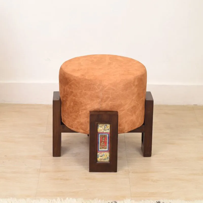 Suede Teak Wood Pouffe - Orange media 1