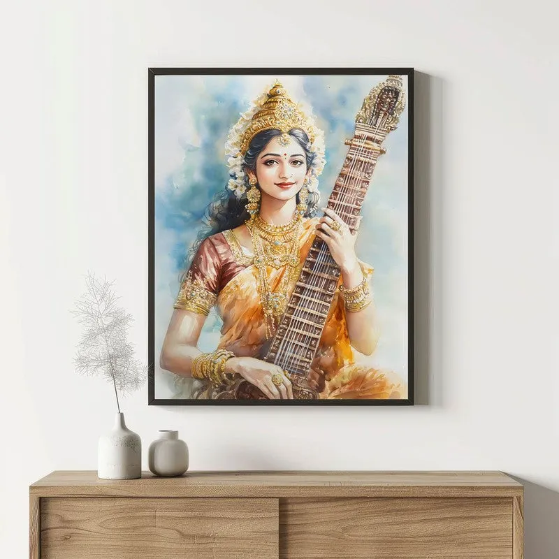 Veena Of Knowledge Spiritual Archival Paper Wall Painting With Frame - Black media 1