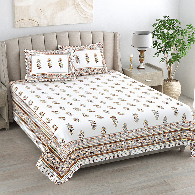 Petal Whispers Cotton Bedsheet (Brown) - 144 TC