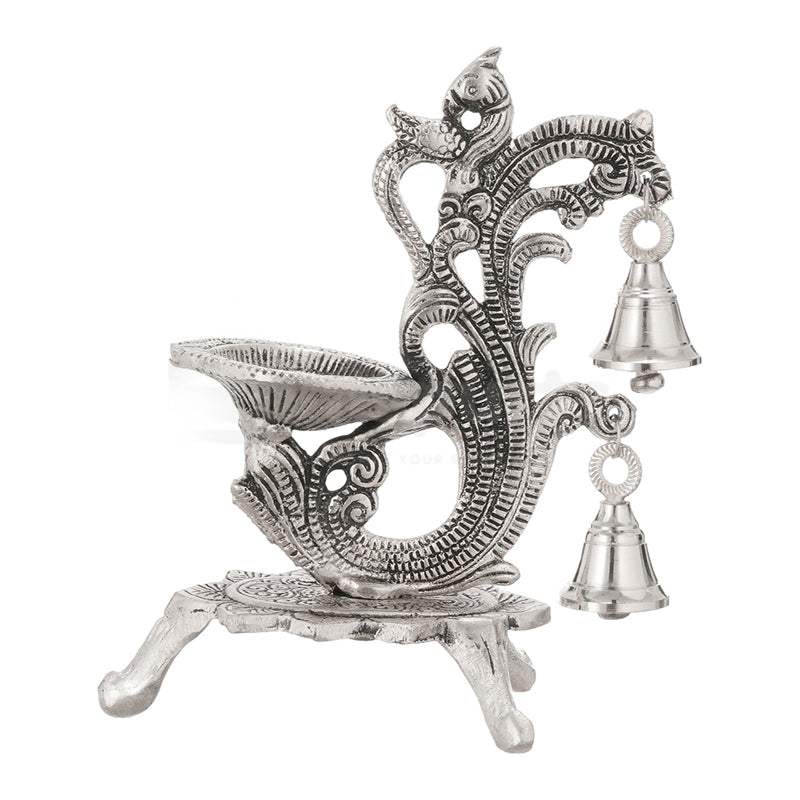 Chandrika Metal Diya with Bells - Silver Finish media 5