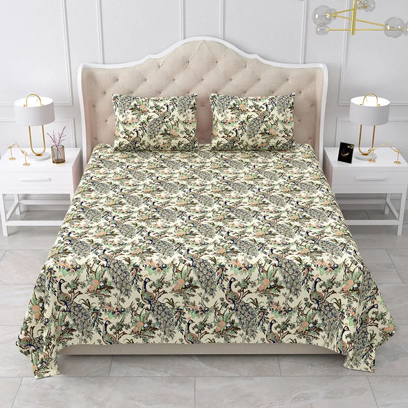 Vibrant Mor Floral Cotton Bedsheet (Green & Yellow) - 160 TC media 1