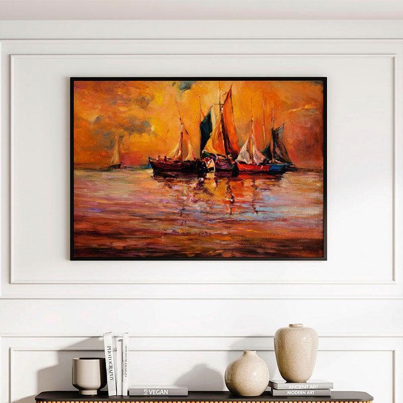 Boats & Ocean Canvas Wall Painting - Black Frame