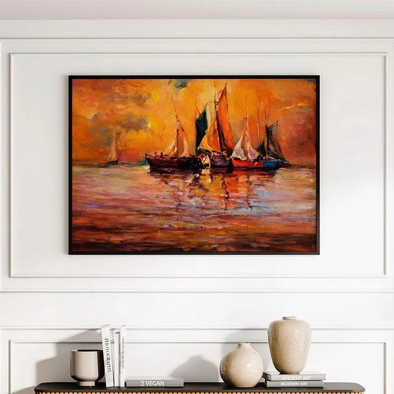 Boats & Ocean Canvas Wall Painting - Black Frame media 1