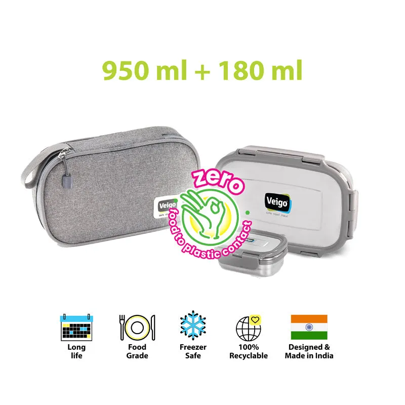 Delico Pack Grey Lunch Box With Insulated Pouch (775/150 mL) - Three Piece Set media 6
