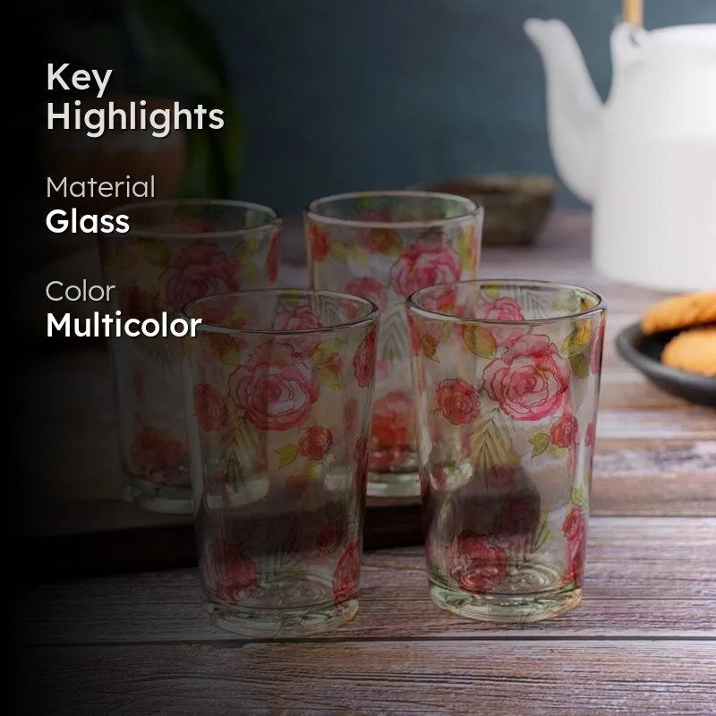 Four floral glass chai kulhads with material and colour highlights