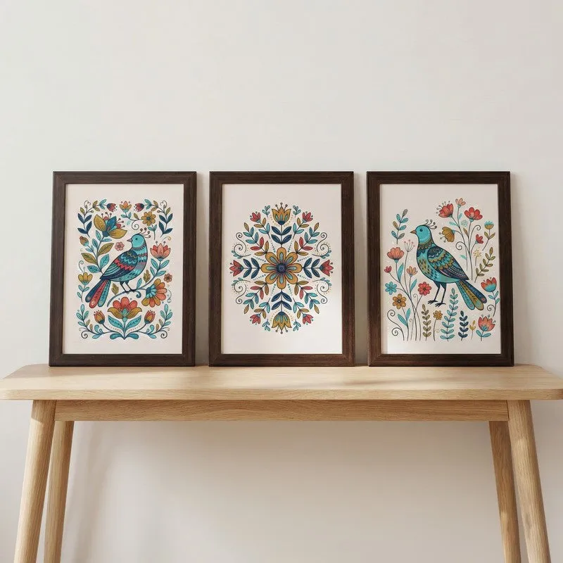 Rustic Songbird Folk Wall Painting With Frame - Set Of Three media 3