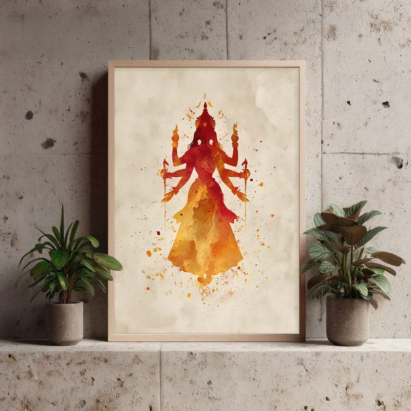 Framed Durga wall art placed on a stone ledge between two potted plants