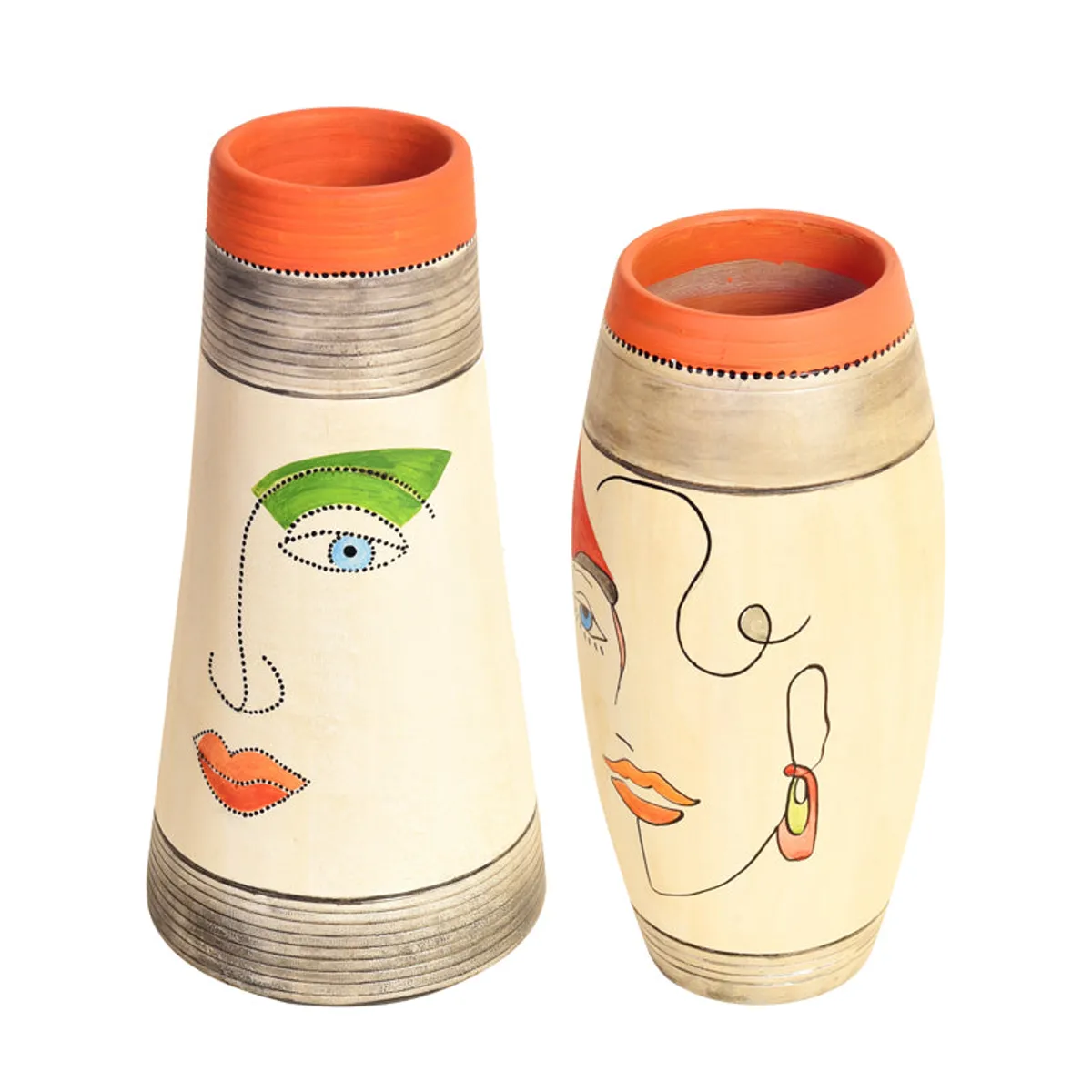 Angled view of two face-design vases on a white background