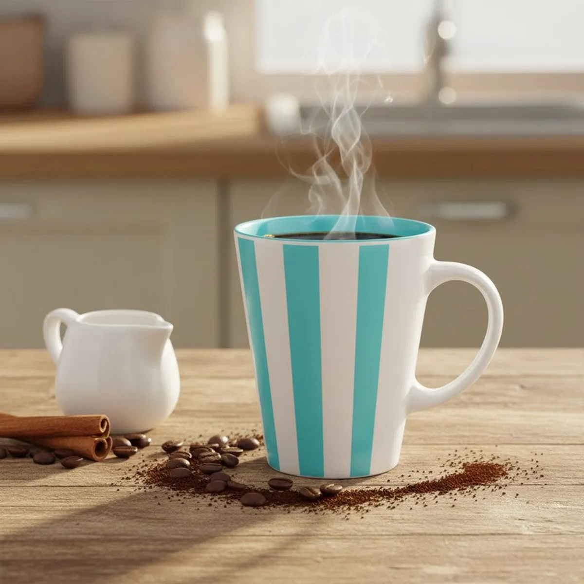 A striped aqua-and-white mug filled with coffee on a kitchen counter