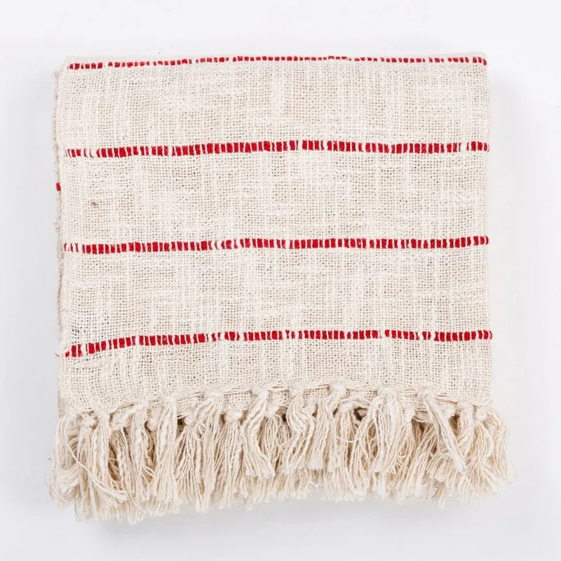 Almond Weave Striped Throw - Off White & Red media 8