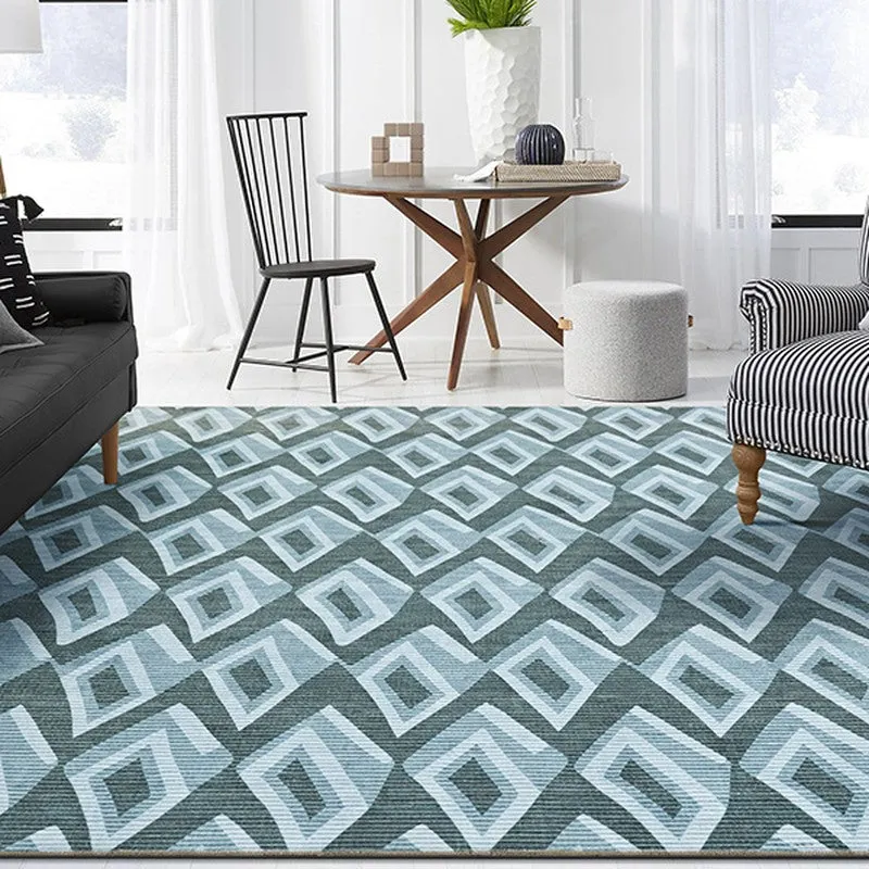 Blue geometric carpet styled in a bright living room