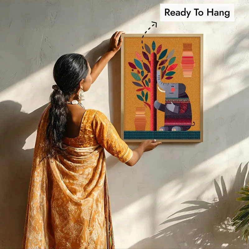 Playful Elephant Canvas Wall Painting With Brown Frame media 9