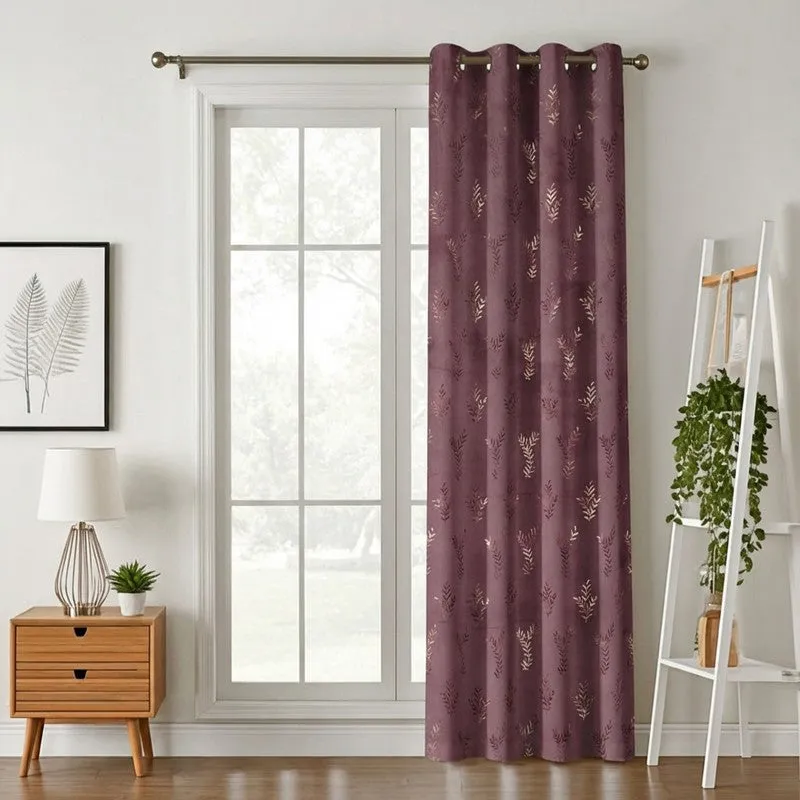 Gilded Touch Printed Velvet Curtain - Purple,Gold media 1