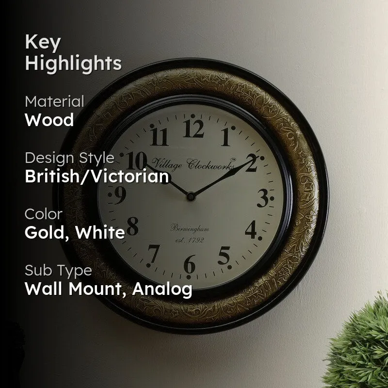 Brass Accent Round Design Wood Wall Clock media 2