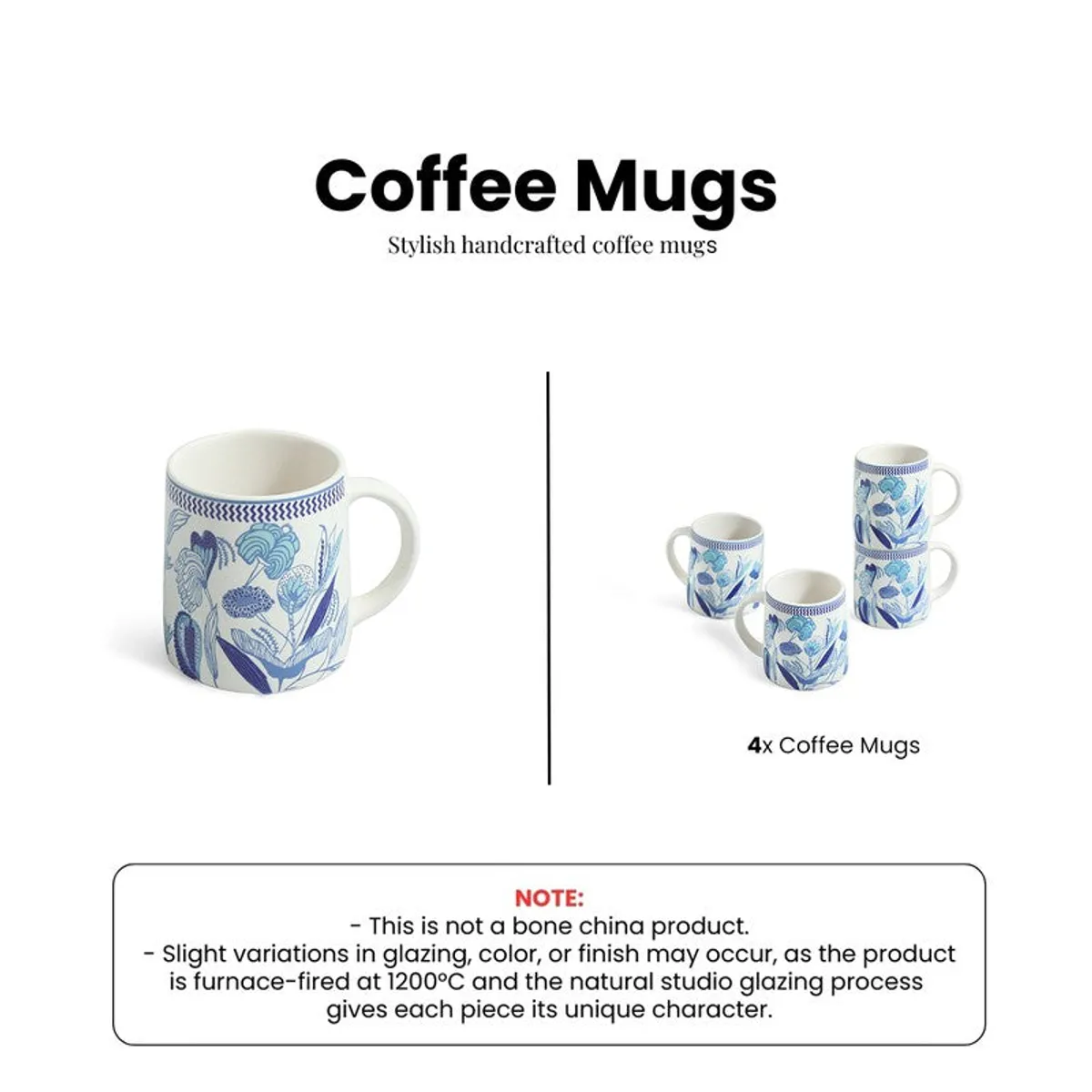 Product feature graphic showing a white and blue floral ceramic mug